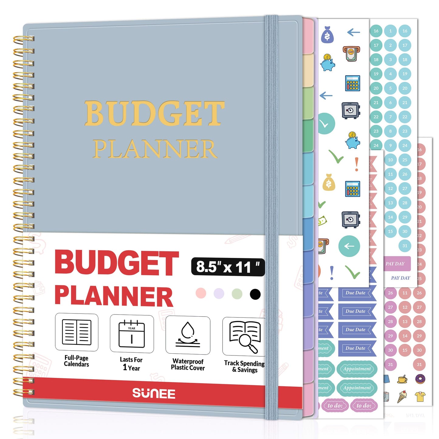 SUNEE Budget Planner - Monthly Budget Book with Expense Tracker Notebook, A4(8.5" x 11") Undated 12 Month Bill Organizer & Finance Planner to Manage Your Money, Account Book with Colorful Tab, Blue