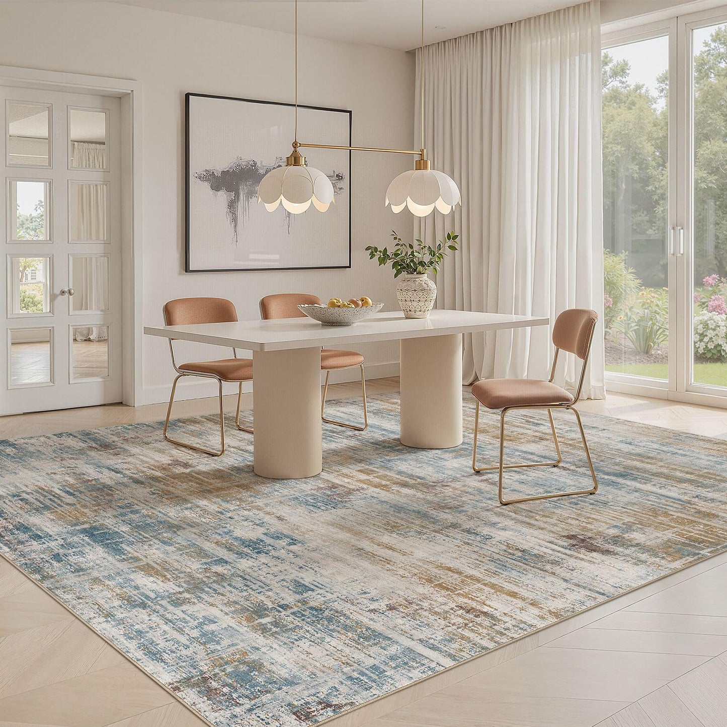 UERMEI 8x10 Washable Area Rug for Living Room: Modern Neutral Abstract Large Soft Low Pile Carpet Non-Slip Pet Kids Friendly Indoor Decor for Bedroom Dining Room Home Office Nursery Blue Brown