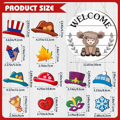 35 Pcs Christmas Interchangeable Highland Cow Welcome Sign Highland Cow Seasonal Wooden Hanging Door Decor Thanksgiving Farmhouse Hanging Sign for Front Door Xmas Party Decoration Gift(White)