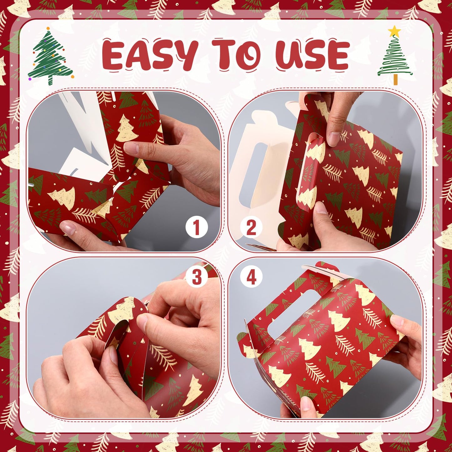 Feifeiya 30 Pcs Christmas Treat Boxes with Handles Xmas Red Gift Boxes Paper Candy Cookie Christmas Tree Cupcake Snack Goodies Gift Wrap Container Bags for Kids Xmas Party Favor Supply Decoration