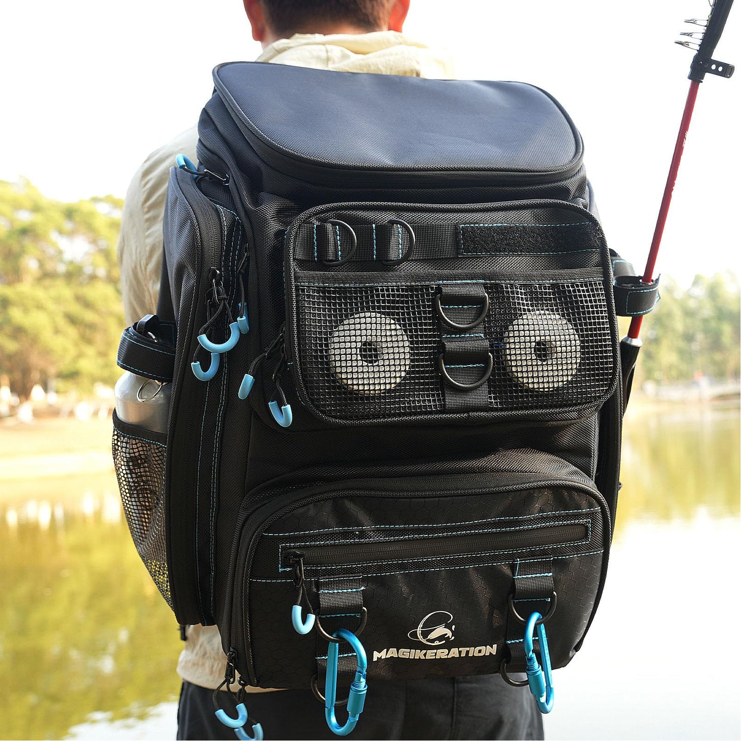 Magikeration Fishing Backpack with Rod Holders,900D Oxford Water-Resistant Fishing Gear,42L Large Storage Tackle Bag for Men