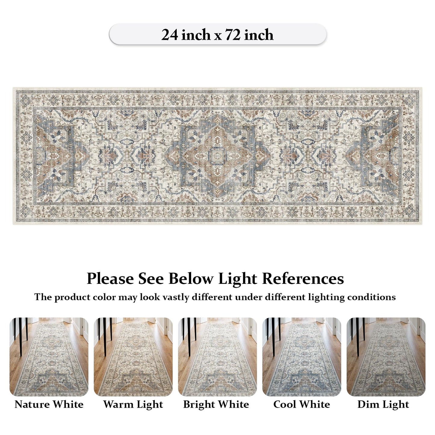 EiniHliw 2x6 Washable Kitchen Runner Rug, Non Slip Vintage Runner Rugs for Hallway, Ultra-Thin Low Pile Distressed Kitchen Rugs Non Skid, Machine Washable Laundry Entryway Indoor Carpet,Beige/Blue