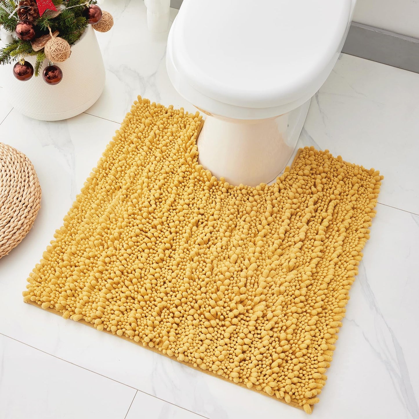 Ruggnovea Toilet Rugs U-Shaped Mat 24x24, Contour Bathroom Mat - Ultra Soft & Absorbent Chenille, Quick-Dry, Machine Washable with Non Slip Barrier Backing, Yellow