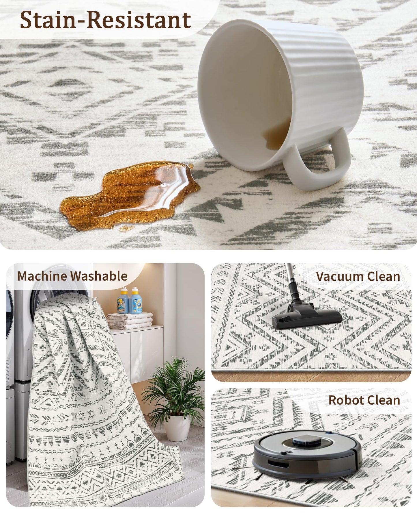 Miukiki 2x6 Hallway Runner Rug Moroccan Washable Kitchen Rug Non Slip Indoor Floor Kitchen Runner Rug Foldable Carpet for Bathroom Laundry Room with Low Pile(Grey,2'x6')