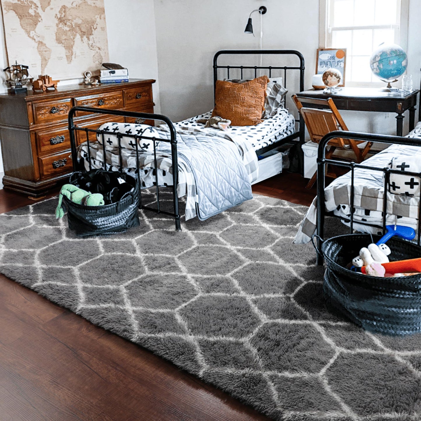 ONASAR 8x10 Area Rugs for Living Room, Fluffy Grey and White Bedroom Rug, Geometric Boho Large Soft Plush Shaggy Fuzzy Floor Carpet for Nursery Kids Classroom Playroom Dorm Home Decor