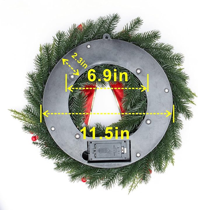 Christmas Wreath 16 Inches, with Metal Hanger, Pre-Lit Artificial Christmas Front Door Wreath Battery Operated with 40 LED Lights Christmas Decorations