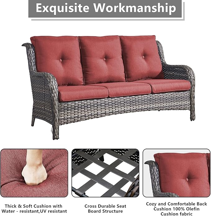 Rilyson Wicker Patio Furniture Set - 7 Piece Rattan Outdoor Sectional Conversation Sets with 2 Rocking Swivel Chairs,2 Ottomans,1 Sofa,1 Loveseat and 1 Coffee Table for Porch Deck(Mixed Grey/Red)