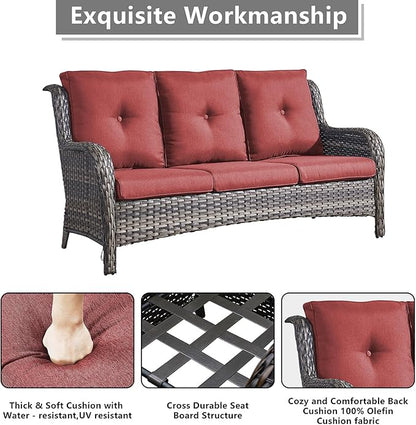 Rilyson Wicker Patio Furniture Set - 5 Piece Rattan Outdoor Sectional Conversation Sets with 2 Rocking Swivel Chairs,2 Ottomans and 1 Sofa for Porch Deck Garden(Mixed Grey/Red)