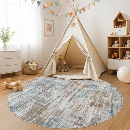 UERMEI 6ft Round Area Rug for Living Room: 6x6 Washable Neutral Abstract Modern Soft Circle Rugs Non Slip Indoor Floor Stain Resistant Carpet for Bedroom Dining Room Office Nursery Blue Brown