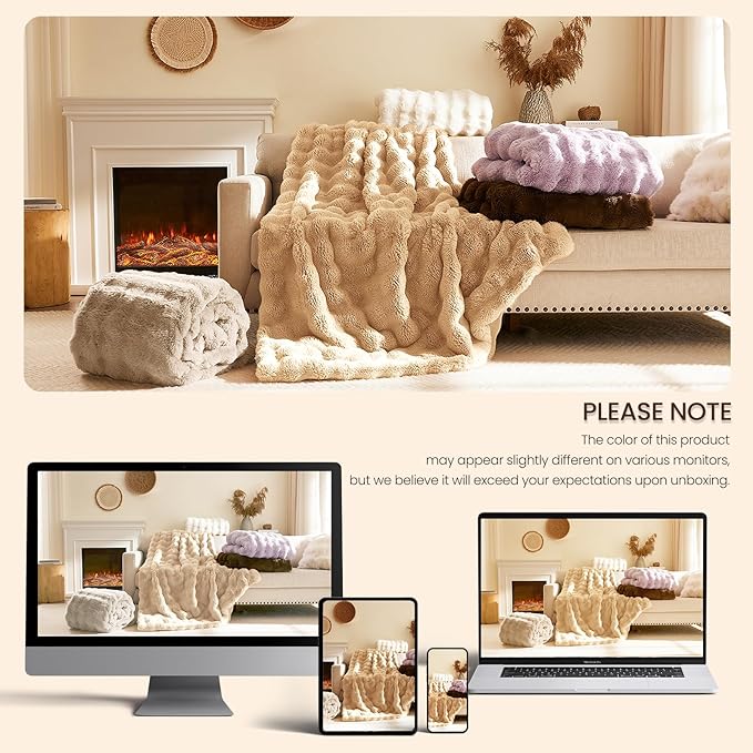 L'AGRATY Faux Rabbit Fur Blanket: 90" x 90" Queen Luxury Soft Fluffy Thick Fur Throw Blanket for Couch Bed Sofa - Cozy Plush Bubble Blankets for Winter: Flannel Fleece Decorative Blanket(Cocoa Brown)