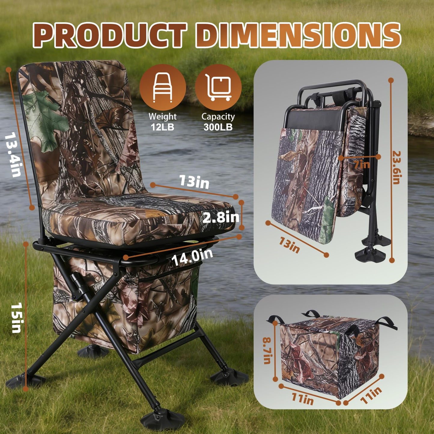 FUNHORUN Hunting Chair with Storage Bag, 360 Degree Silent Swivel Hunting Seat, Camouflage Foldable Ground Blind Chair, Tool-Free Padded Cushion Portable Seat, Lightweight