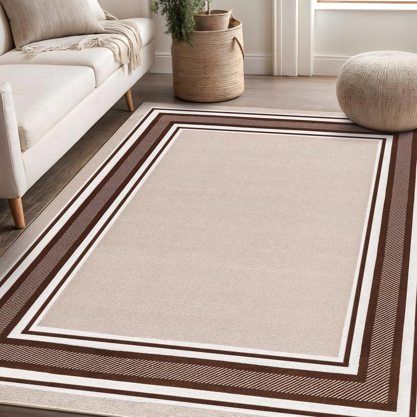 Beverly Rug Non Slip Area Rugs 3x5 Modern Bordered Non Skid Rubber Backing Soft Area Rug for Living Dining Room Easy to Clean Non Shedding Kitchen Bedroom Indoor Carpet 3 x 5 Beige-Brown