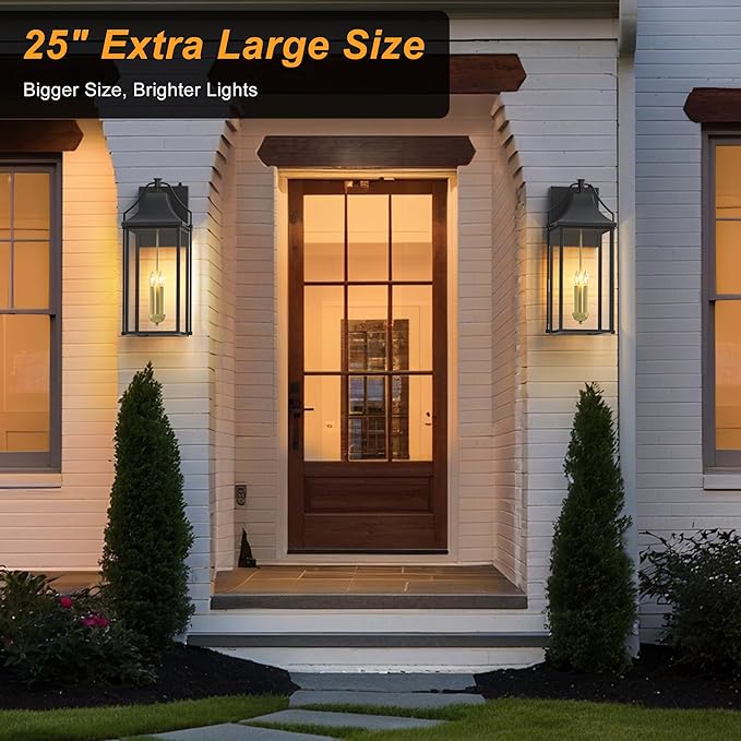 𝟮𝟱-𝗜𝗡𝗖𝗛 Outdoor Wall Lights Fixtures, Large Size Dusk to Dawn Waterproof Exterior Lanterns, Modern Porch Sconce Wall Mounted with Glass, Black Outside Lights for House Patio Front Door