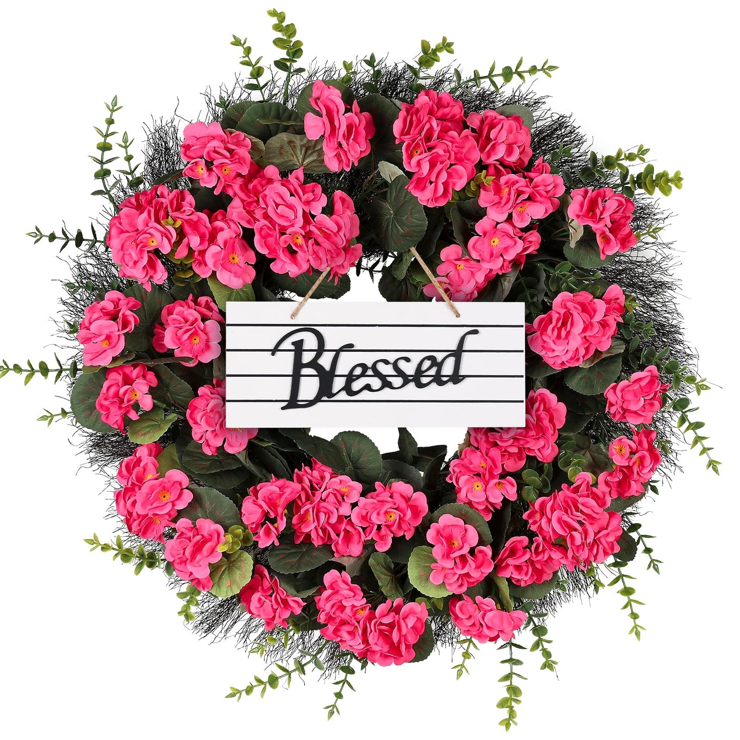 KuiMen Rose Red Artificial Geranium Wreath, 22 Inch Spring Summer Wreaths for Front Door with Blessed Hanging Sign, for Rustic Farmhouse Entryway Porch Balcony Decor