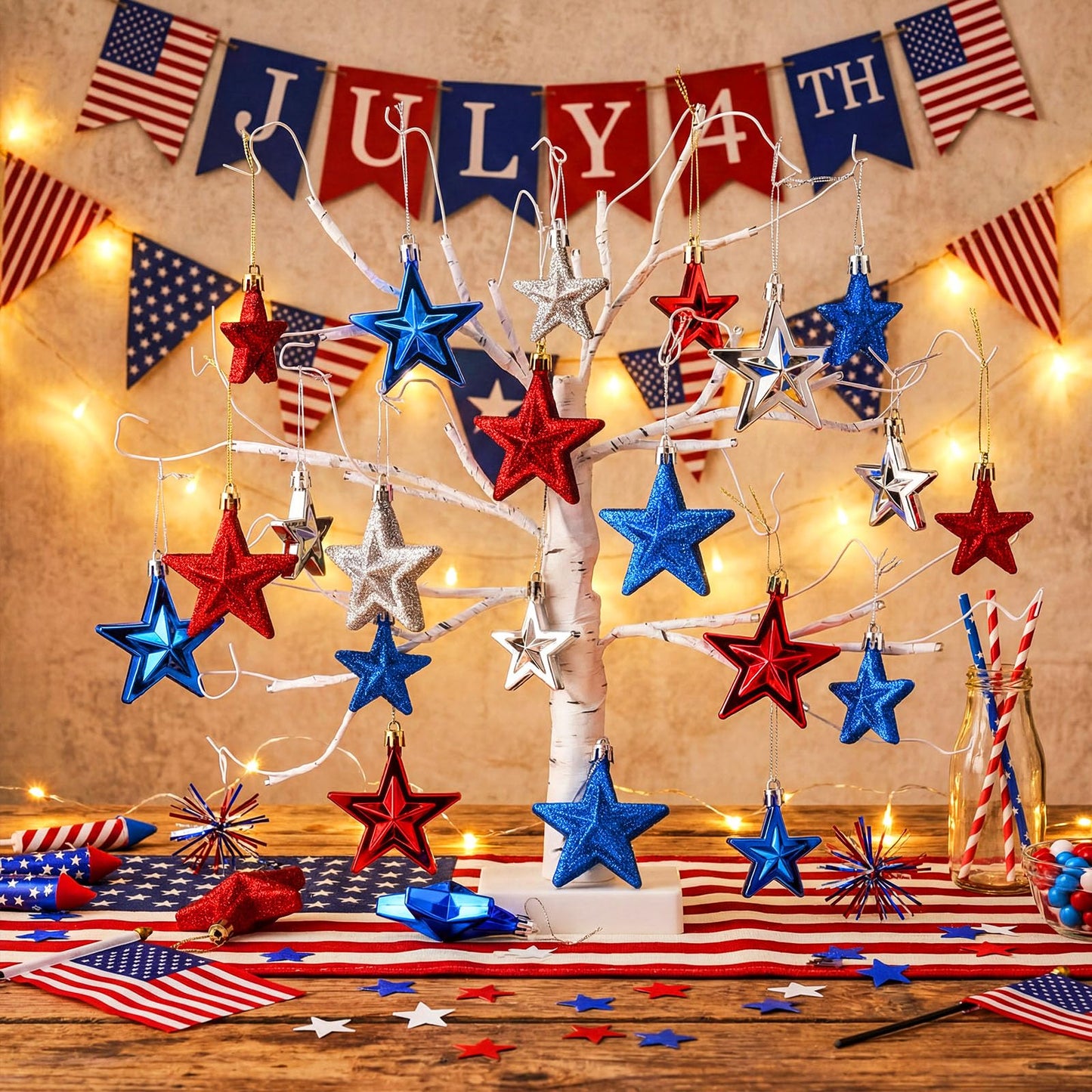 60 Pcs Patriotic Star Hanging Ornament 4th of July Tree Decor Red Blue Silver Star Ornament for Tree 4th of July Independence Pendant for 250th Anniversary Patriotic Veteran Decor
