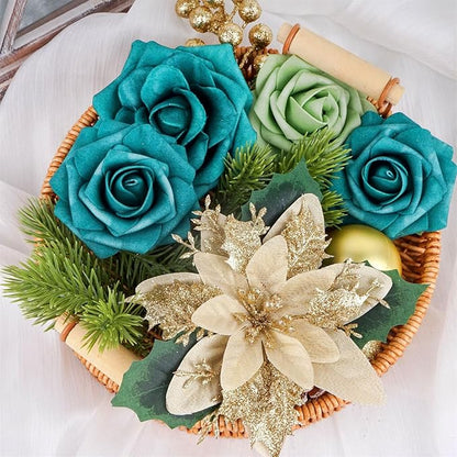 Christmas Flowers Artificial Box Set, Christmas Themed Floral Decorations for DIY Christmas Tree Ornament Wedding Birthday Wreath Decoration (A)