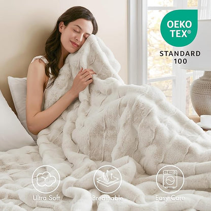 Madison Park Luxuriously Cozy Soft Long Faux Fur Throw Basketweave Blanket Reversible Soft & Snuggly Velvet Throw, Lightweight, Breathable Trendy Room Décor Summer Blanket, 50x60, Ivory