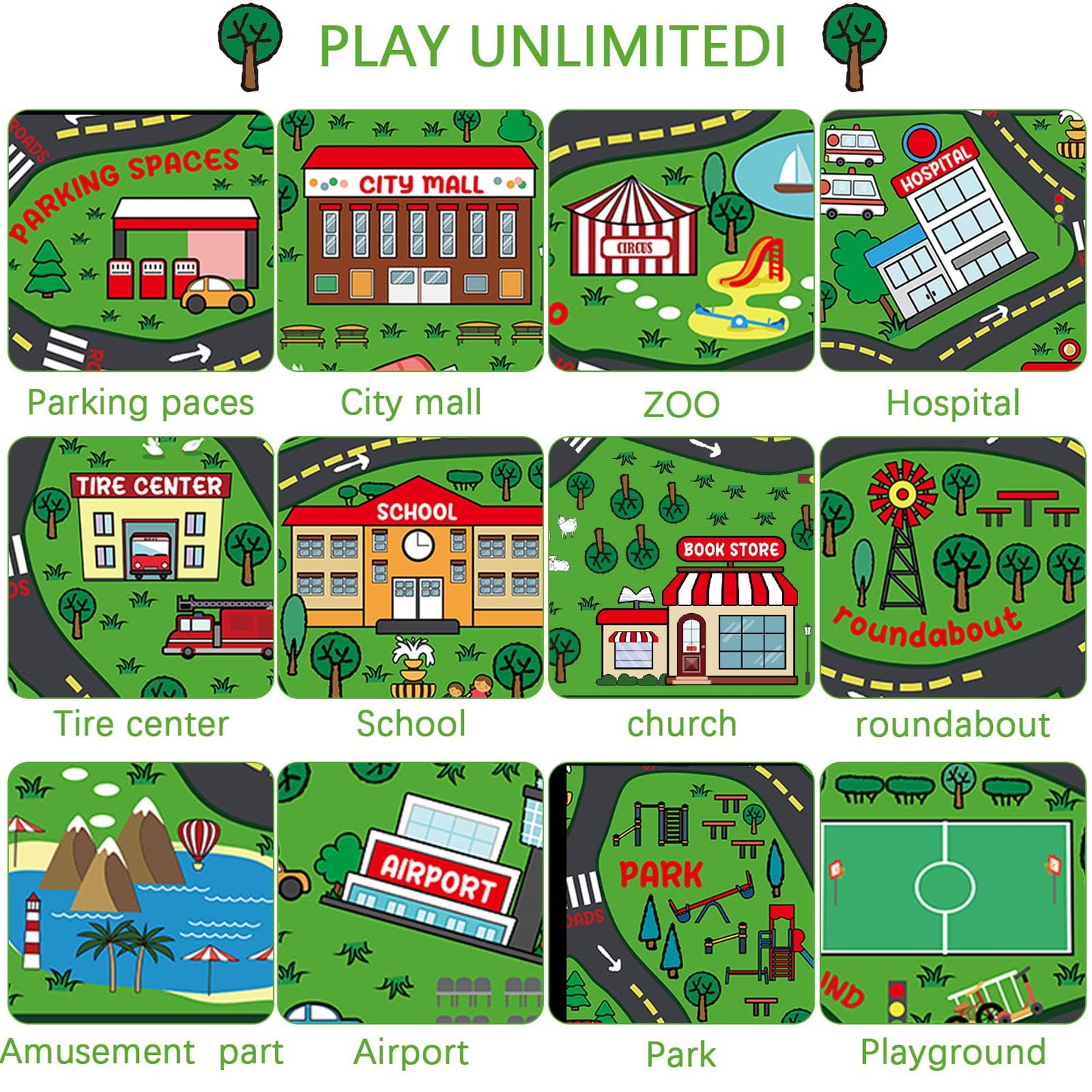 Tinideya Kids Playmat Rug 4x6 ft, Non-Slip Rubber Backing Traffic Road Playmat, Cars Play Mat for Toddler Children Playroom Classroom Bedroom(Green, Traffic Road)