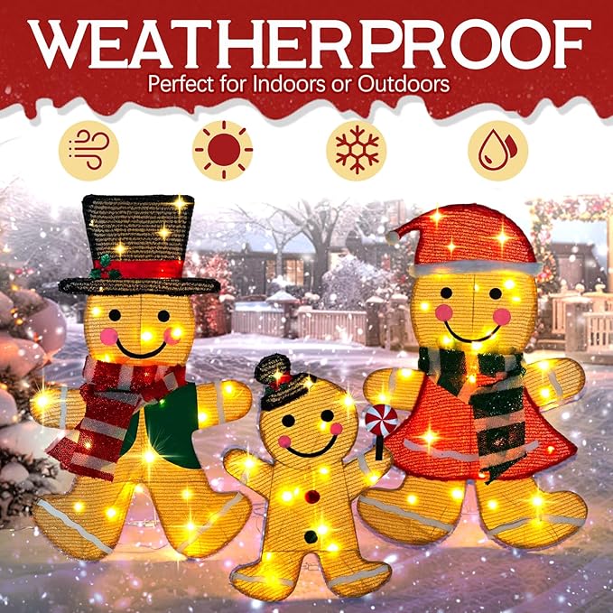 Light Up Gingerbread Man Christmas Decorations Outdoor, 53 LEDs Set of 3 Lawn Ornament, Outdoor Lighted Holiday Displays for Christmas Yard Decorations (Gingerbread Man)