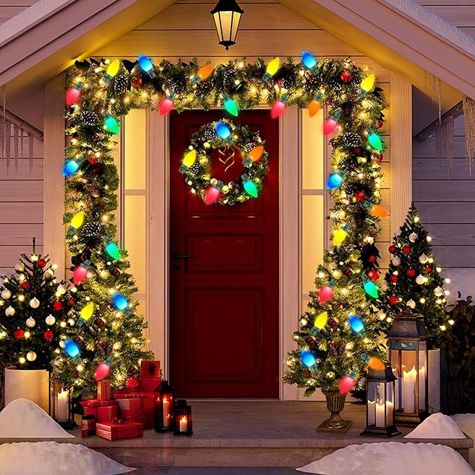 Couah C9 Christmas LED String Lights, 23 Ft LED Vintage Multicolor Lights with 35 LED C9 Colorful Light Bulbs, Outdoor String Lights for Christmas Party Backyard Wedding- Green Wire