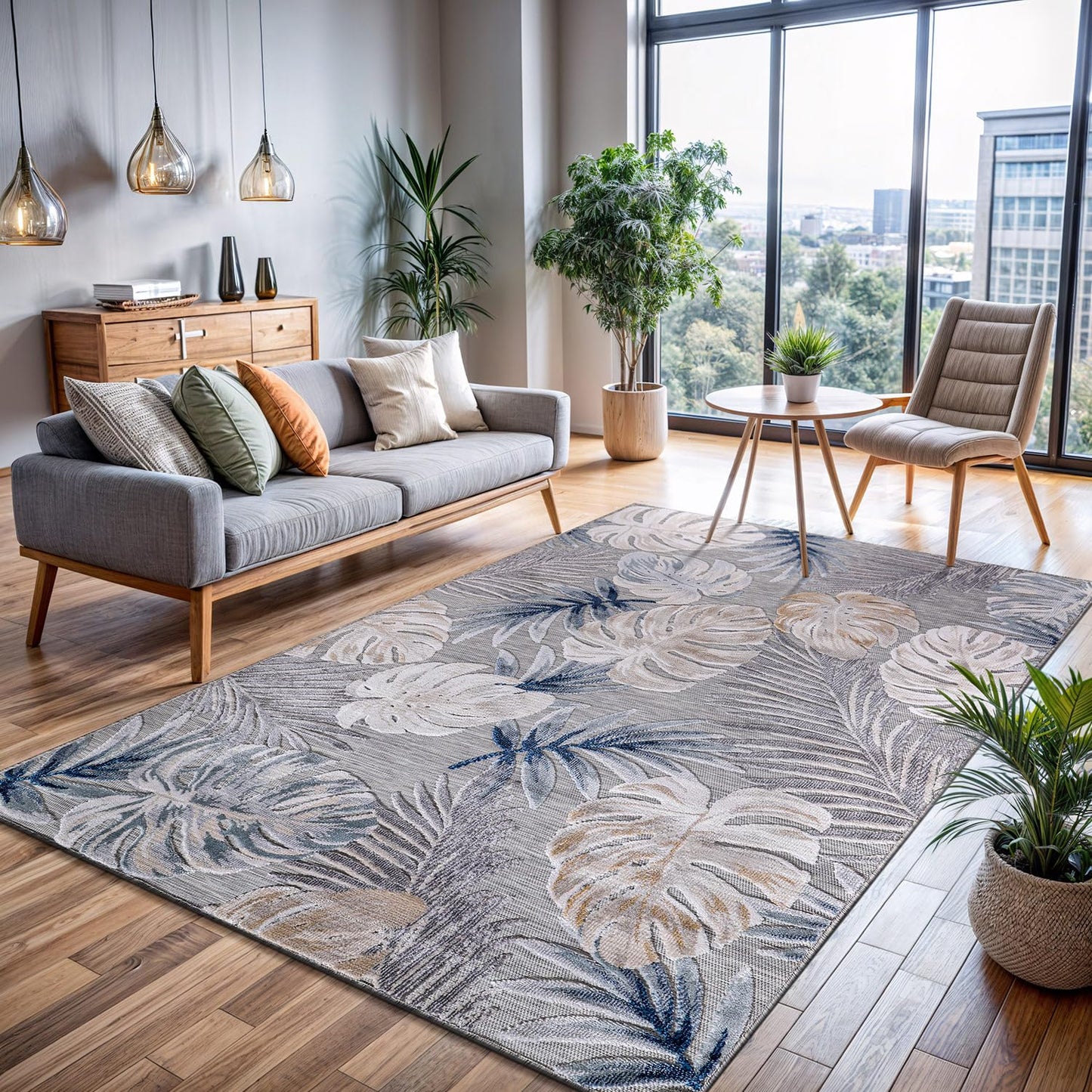 CAMILSON Indoor Outdoor Rug, Blue 5x7 Leaf Tropical Botanical Area Rugs for Indoor and Outdoor patios, Easy-Cleaning Non-Shedding Living Room, Garden and Kitchen Washable Outside Carpet (5 x 7)