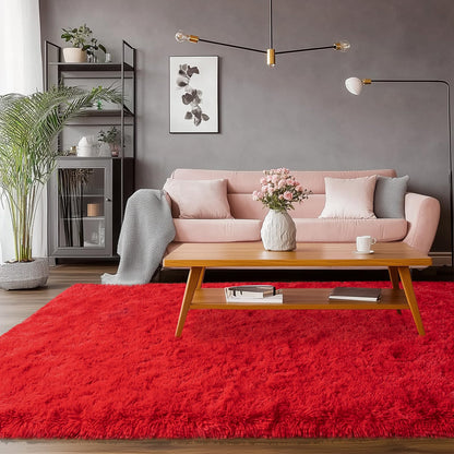 Large Shag Rugs 6 x 9, Red Fluffy Area Rug for Living Room, Soft Fuzzy Plush Carpet for Bedroom Girls Kids Room, Indoor Shaggy Rug for Home Decor Aesthetic, Upgrade Non-Slip