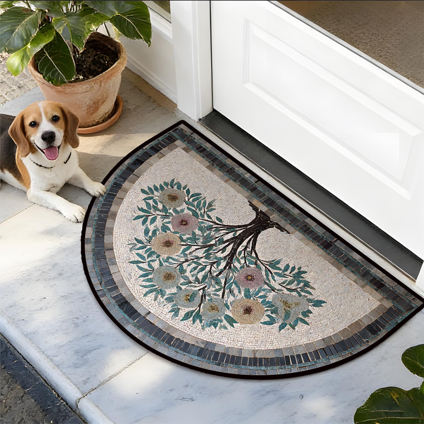 NYZE Semi Circle Door Mat Half Round Welcome Mat Non Slip Low-Pile Absorbent Half Circle Entryway Rug for Bathroom Bedroom Laundry Room(Blossom Tree, 24"×36")