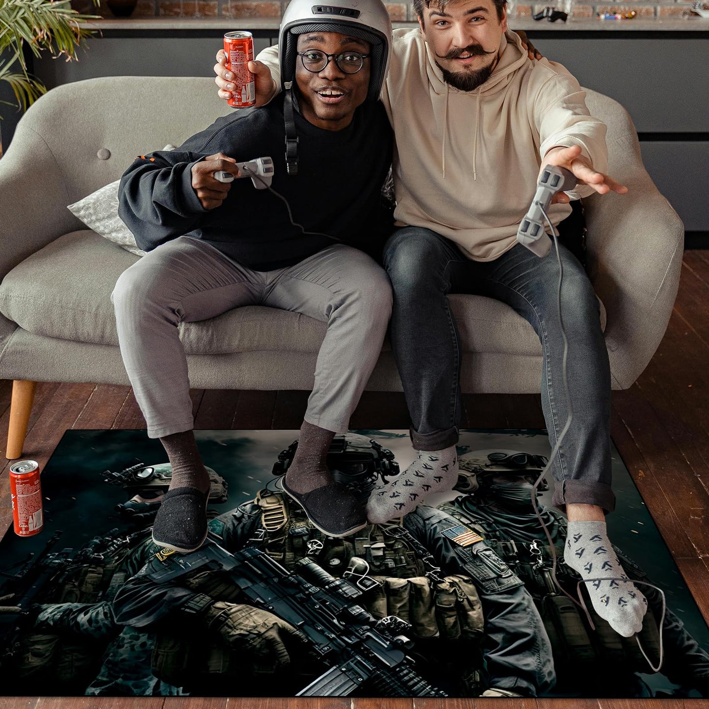Shooting Game Rug Teen Boys Carpet with Battle Games Element Decoration Mat, War Game Rugs for Boy’s Bedroom Living Room Playroom, Non-Slip Children Gaming Area Rugs (Threesome, 79" x 59")