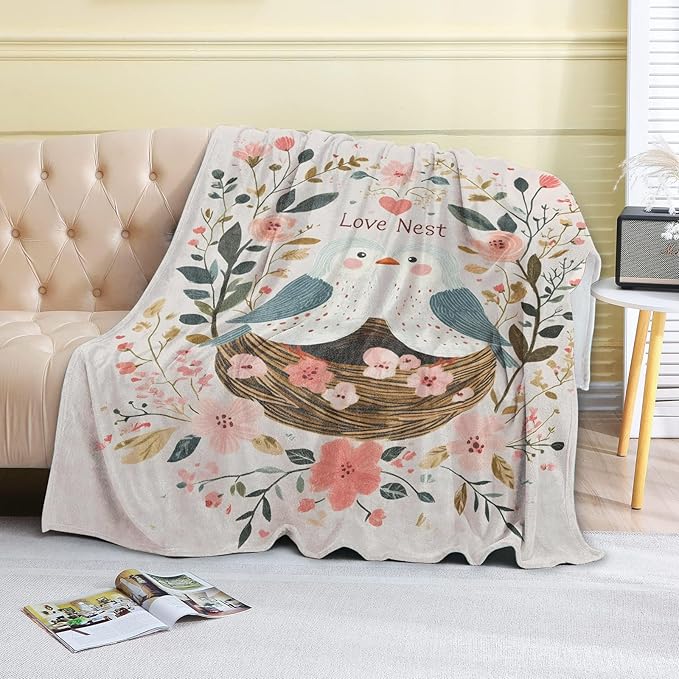 Bird Love Nest Fleece Blanket - 60x80in Cute Two Birds Flower Romantic Throw Blankets,Soft Cozy Lightweight, Ideal for Bed Living Room Home Whimsical Decor and Girls Women Gifts