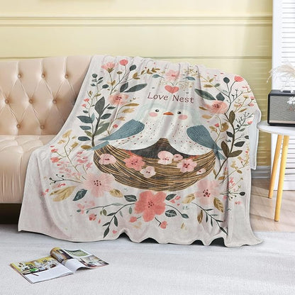 Bird Love Nest Fleece Blanket - 60x80in Cute Two Birds Flower Romantic Throw Blankets,Soft Cozy Lightweight, Ideal for Bed Living Room Home Whimsical Decor and Girls Women Gifts