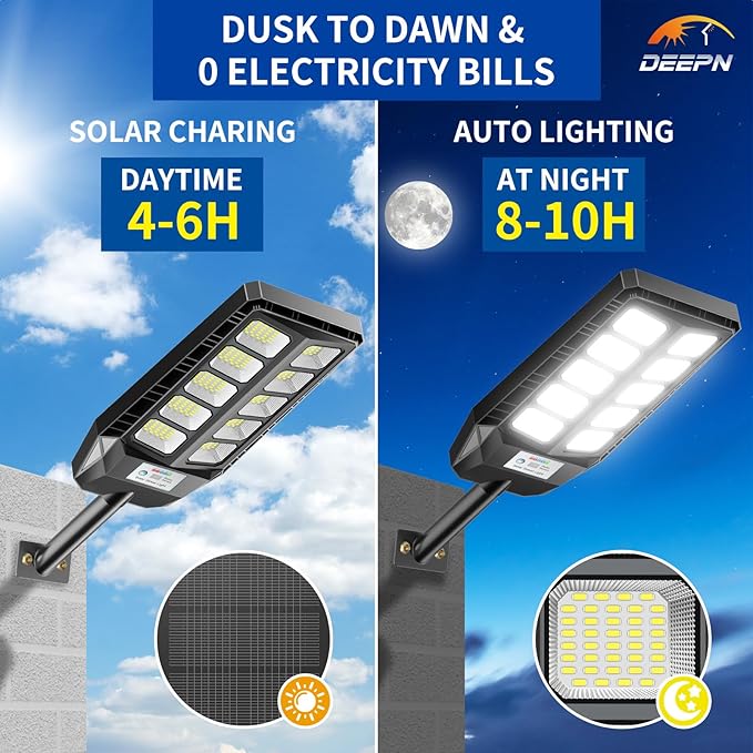 Deepn Solar Lights Outdoor for Outside, IP66 Waterproof Street Lights Outdoor, 6500K Dusk to Dawn Solar Security Flood Lights Motion Sensor with Remote Control for Yard, Entryway Garage, Porch