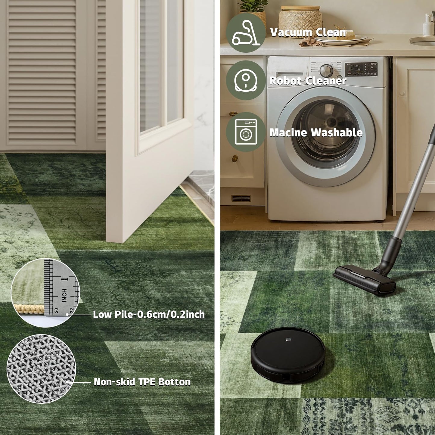 DweIke Washable Area Rugs 5x7 for Living Room, Modern Geometric Green Soft Patchwork Carpet, Non-Slip Stain Resistant Throw Rug for Bedroom Dining Room Office Home Decor