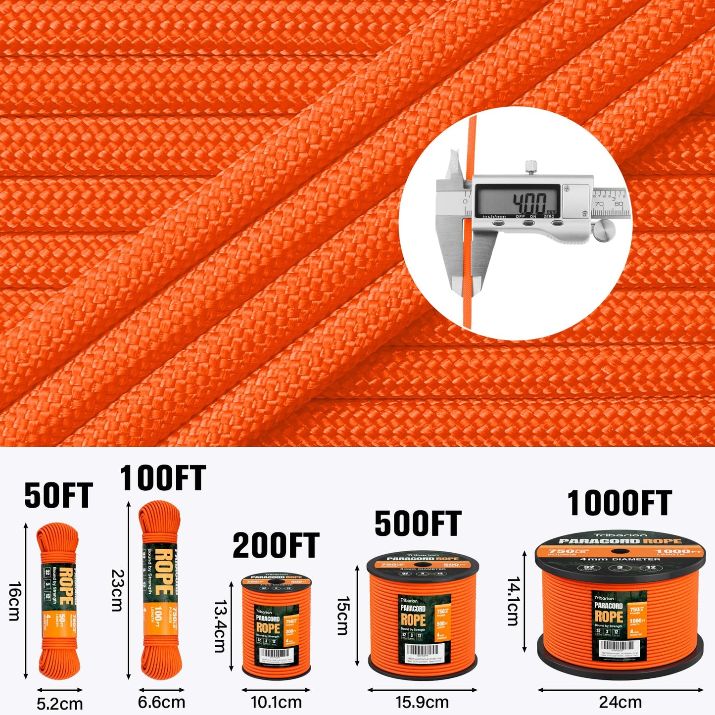 TRIBERION Paracord Rope 750 lb - 500ft 5/32" Parachute Cord 4MM 12-Strand para Cord - Heavy Duty Spool String for Survival,Camping Gear, Survival Bracelet, Clothesline - Orange