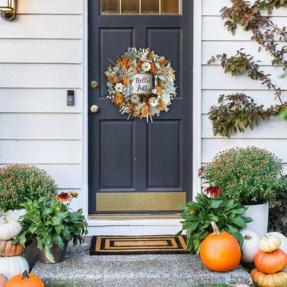 20inch Thanksgiving Fall Wreath, Eucalyptus Berries Pumpkins Lamb Ears Leaves Autumn Wreaths for Front Door, Fall Decor, Porch Wall, Home Outdoor Holiday Decorations Wreath for Autumn
