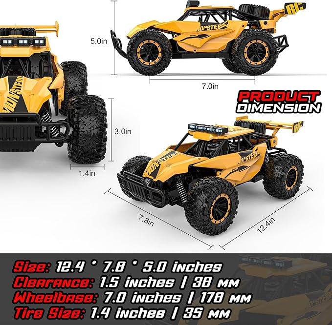 BLUEJAY Remote Control Car for Boys RC Cars 1:12 Monster RC Truck Off Road with LED Headlight and Rechargeable Battery Gifts for Adults Boys 8-12
