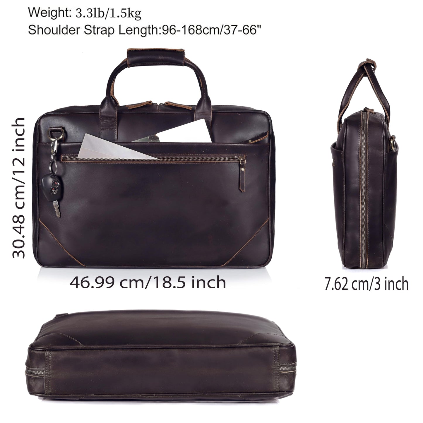 Full Grain Leather Slim Briefcase for Men 17.6 Inch Laptop Messenger Bags Crossbody Shoulder Brown Vintage Attache Case Business Work Lawyer Computer Bag