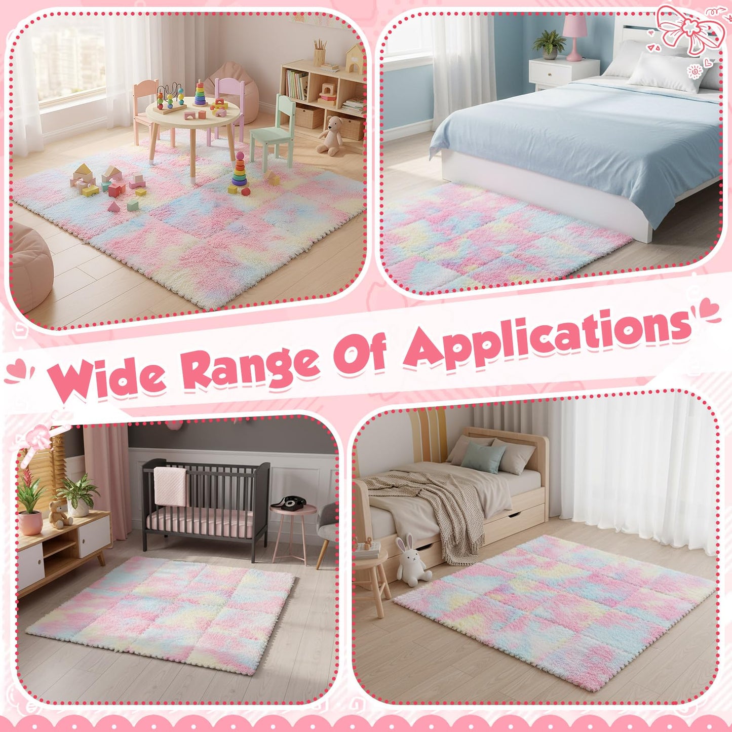 Maasechs 16 Pcs Pastel Rainbow Faux Fur Floor Tiles, 11.8 x 11.8 in Puzzle Girls Play Soft Tiles, 1.5 Inch Shaggy Square, EVA Foam Floor Mat for Nursery, Playroom, Bedroom, Toddler Room, Daycare
