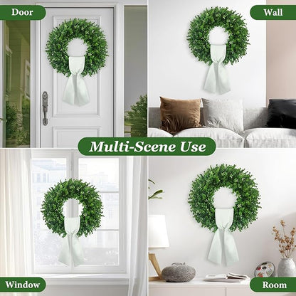 Large Artificial Boxwood Wreath 30-32'', UV Resistant 310 Leaves & 140 Flower Core, Green Wreath Ribbon for Front Door Outdoor Indoor Window Wall Hanging Decoration All Seasons(Foldable)