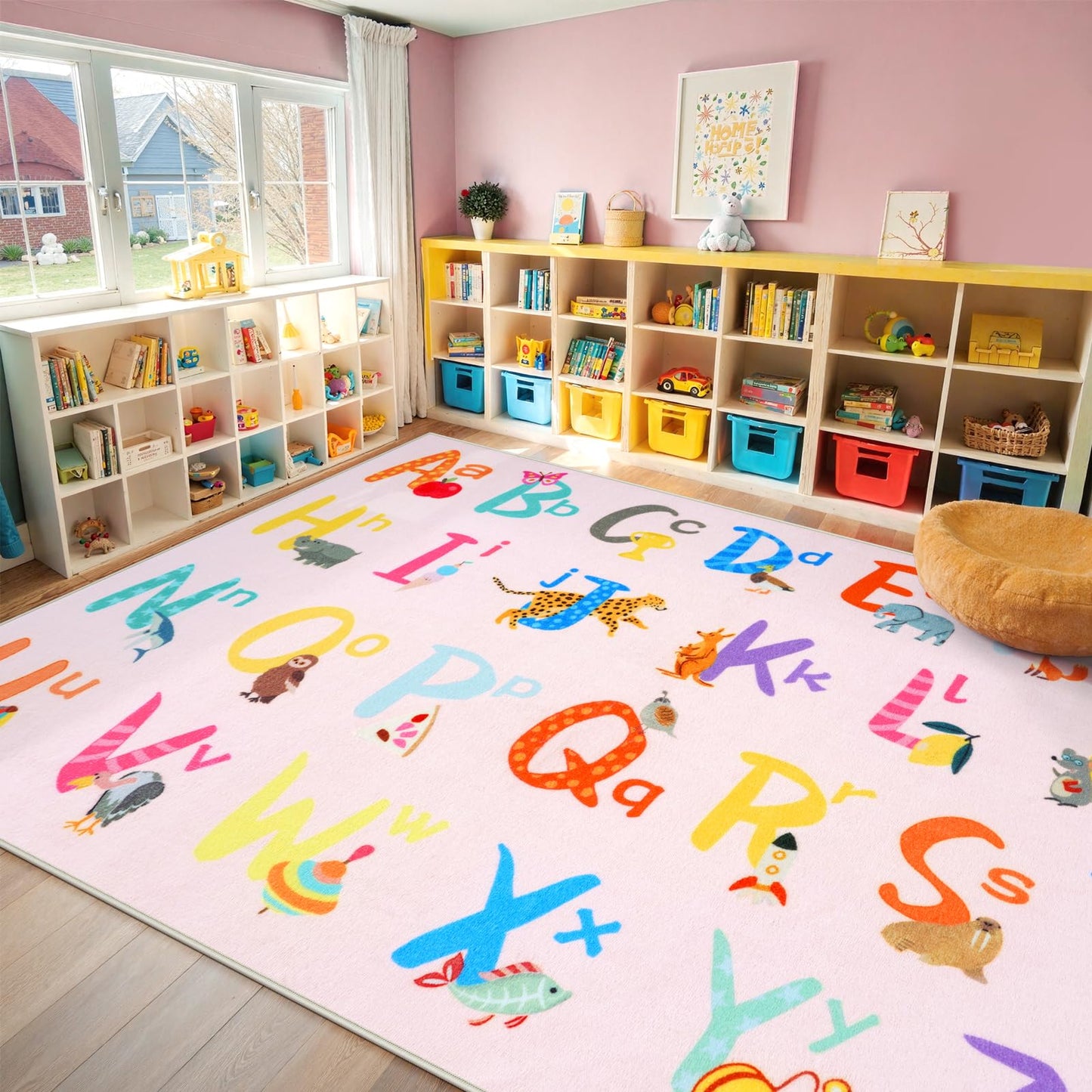 LIVEBOX 7'5" x 13' Pink ABC Kids Classroom Carpet, Large Washable Alphabet Educational Learning Area Rugs for Classroom Elementary, Non-Slip Pastel Preschool Kids Teacher Rug for Kindergarten Daycare