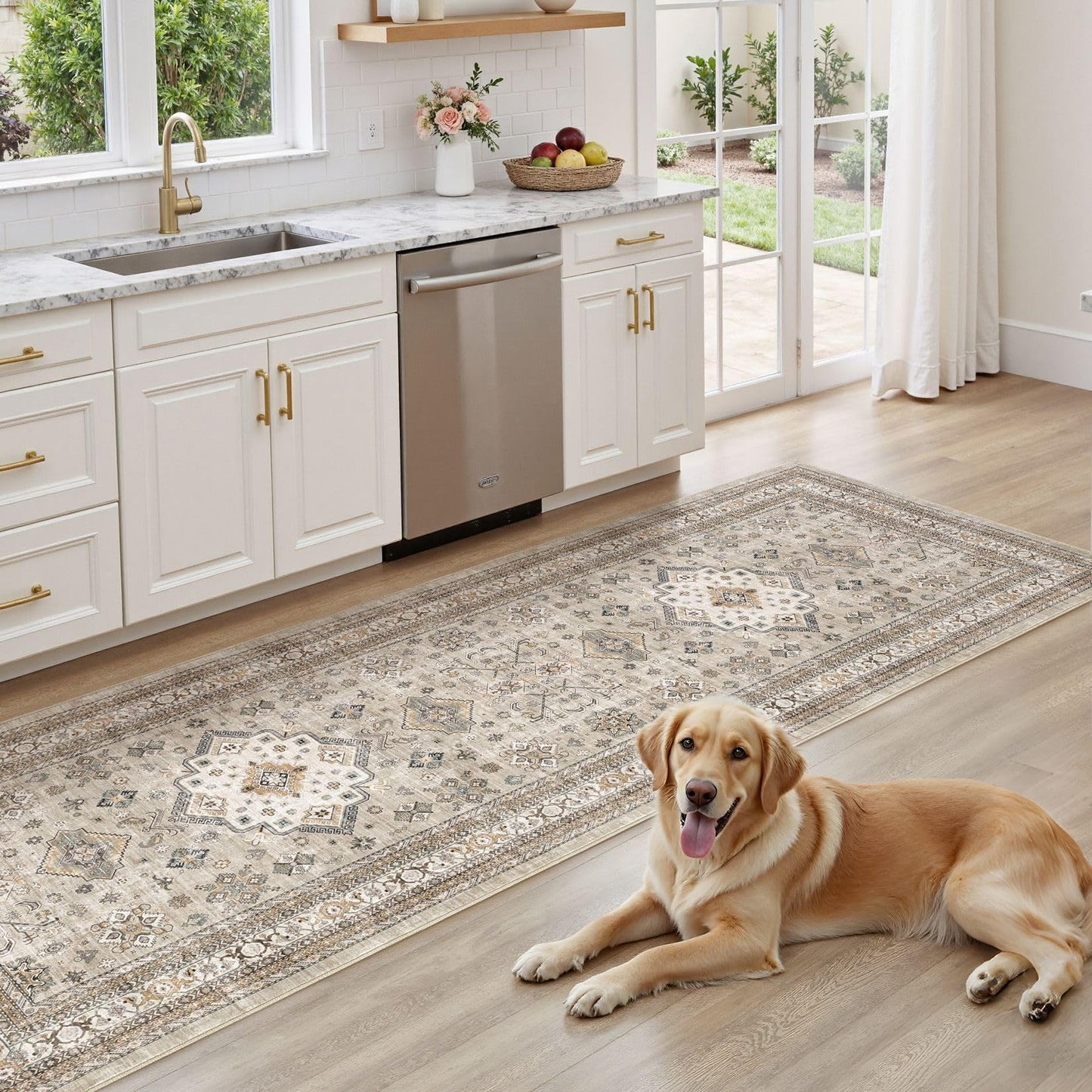 Vintage Hallway Runner Rug 3x8: Large Soft Washable Entryway for Kitchen Laundry Room Non-Slip Backing Runner for Entrance Living Room Bedroom Bathroom - Beige