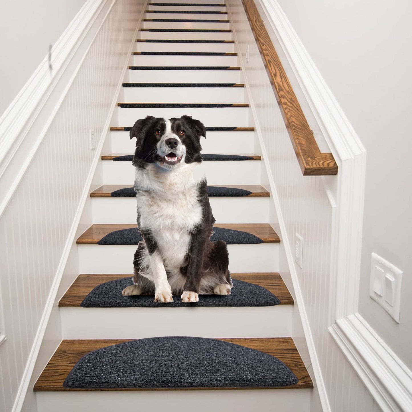 Qingbei Rina Bullnose Carpet Stair Treads Non-Slip for Wooden Steps,13PCS/8.7 * 26inch Indoor Stair Carpet Runner,Cover,Mat for Dogs Baby Pets,Comfort Semi Circular(Black Grey)