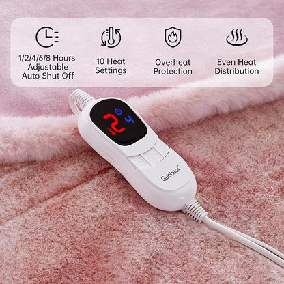Guohaoi Heated Blanket Electric Throw, Soft Faux Rabbit Fur Electric Blanket with 10 Heating Levels 5 Sitting Timer Auto Off, Cozy Warm Heating Blankets, Machine Washable(90"×100" Pink)