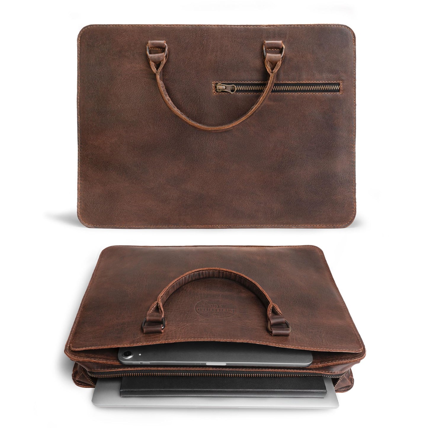 Littlefield & Co., Classic Portfolio Document Holder with Handles, Padfolio with Zipper Closure, Rustic Briefcase, Full Grain Leather, Handmade, Bourbon Brown