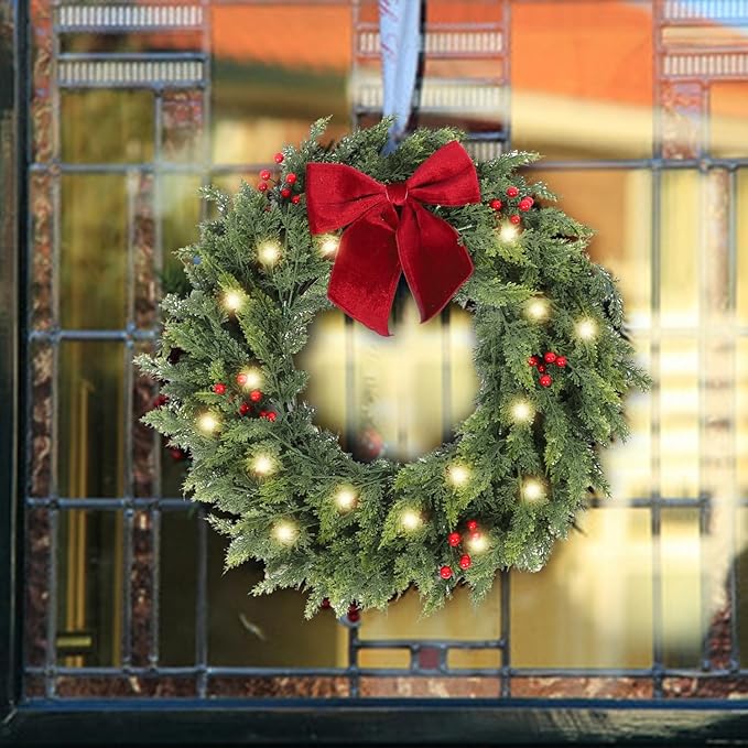 26 Inch Christmas Wreaths for Front Door with Lights,Lighted Cedar Door Wreath,Prelit Real Touch Artificial Green Winter Wreath with Large Burgundy Velvet Bow for Indoor Outdoor Decor
