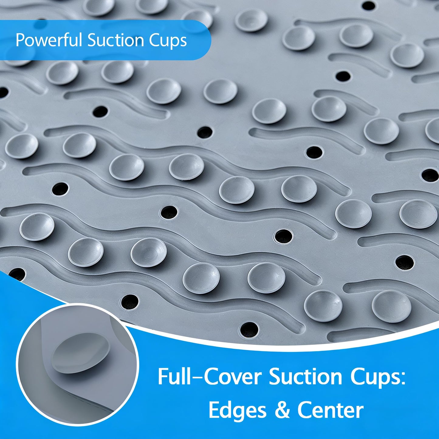 Non Slip Bathtub Mat & Shower Mat, 31x15'' Anti Slip Bath Mat for Tub, Soft TPE Anti-Skid Bathroom Mat with 194 Suction Cups & Drain Holes, Wave-Textured Grip, Machine Washable, Grey