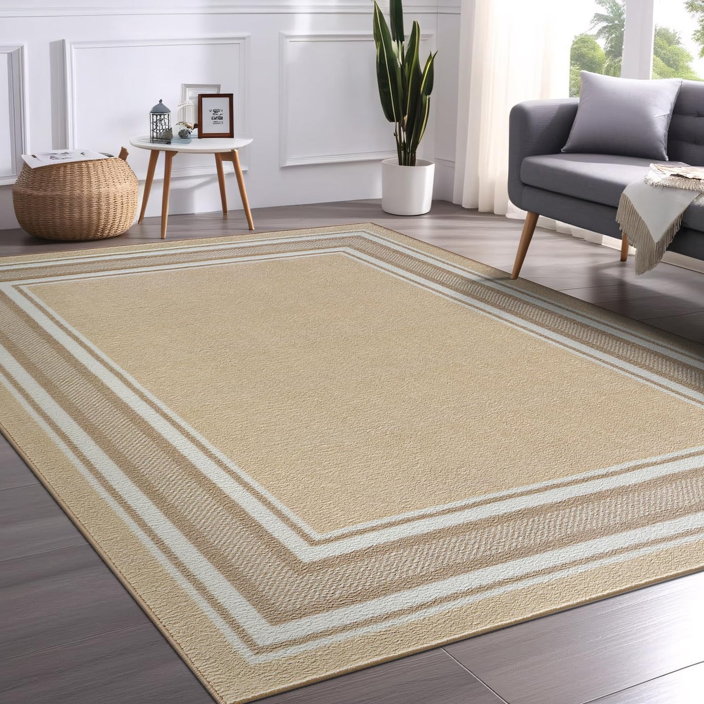 Beverly Rug Non Slip Area Rugs 5x7 Modern Bordered Non Skid Rubber Backing Soft Area Rug for Living Dining Room Easy to Clean Non Shedding Kitchen Bedroom Indoor Carpet 5 x 7 Beige