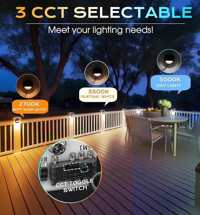 CLOUDY BAY [6 Pack] 3CCT Low Voltage LED Deck Lights Outdoor,2700K/3500K/5000K Selectable,Landscape Step Stair Railing Fence Light Wired,3W,12V-24V AC/DC Deck Lighting Fixtures