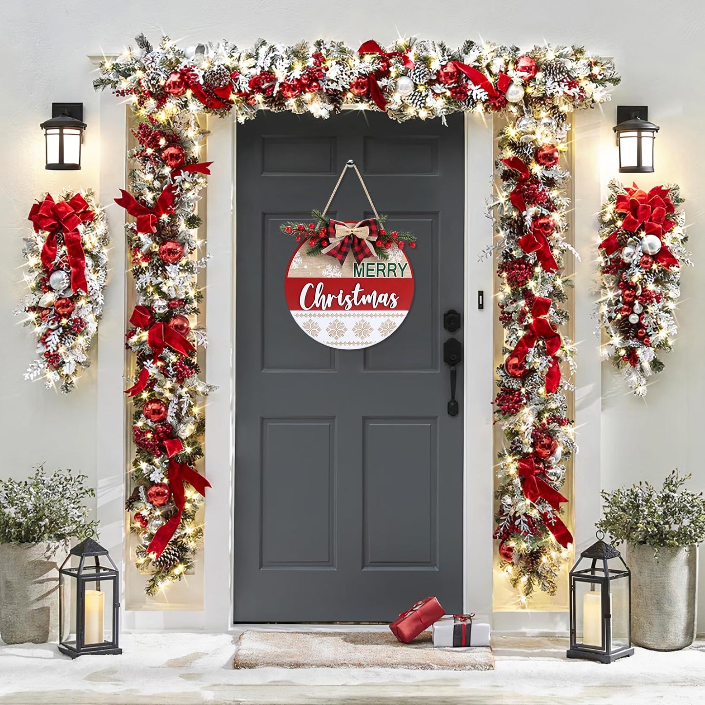 HOURIA 3D Merry Christmas Front Door Sign,11.5” Red Buffalo Plaid Christmas Wreaths with Snowflake Bow Red Berry Rustic Farmhouse Xmas Holiday Welcome Door Decorations for Home Indoor Outdoor Party