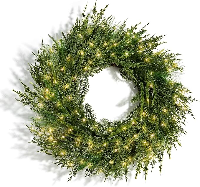 LampLust Winter Wreaths for Front Door Outside, 24 Inch Alpine Fir, Hemlock & Cypress Evergreen Wreath, 100 LED Lights, Battery Powered, Timer, Farmhouse Wreath Year Round, Winter Wreaths for Indoors