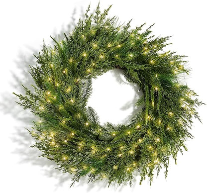 LampLust Winter Wreaths for Front Door Outside, 24 Inch Alpine Fir, Hemlock & Cypress Evergreen Wreath, 100 LED Lights, Battery Powered, Timer, Farmhouse Wreath Year Round, Winter Wreaths for Indoors